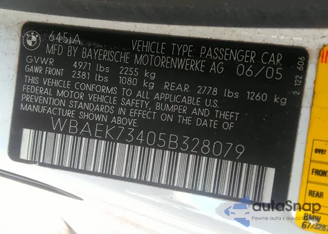 2005 BMW 645Ci Ci Automatic из США, поврежденный, VIN WBAEK73405B328079